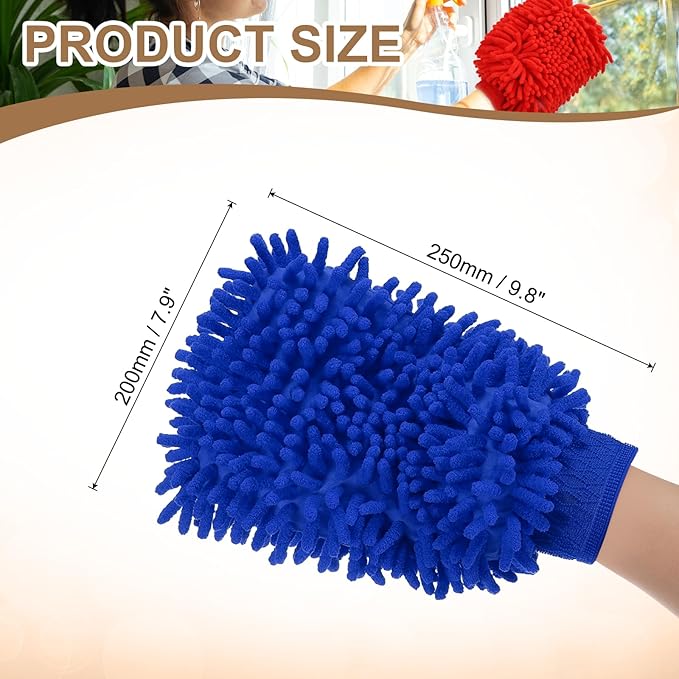 HARFINGTON Chenille Microfiber Car Wash Mitts 9.8" x 7.9" Scratch Free Wash Gloves Absorbent Double Sided Plush Cleaning Drying Mitts for Car Washing Home Blue