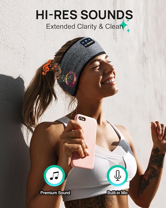 LC-dolida Sleep Headphones Headband Bluetooth 5.4, Sports Headband Earphones Wireless with Speaker Microphone USB C for Sleeping Gift Workout Jogging Yoga Insomnia Travel Meditation, Ash Grey