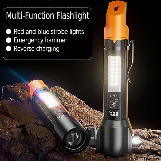 Tactical Flashlight Rechargeable, Zoomable LED Flashlight with COB Side Light, Red/Blue Strobe, Type-C Fast Charging, Glass Breaker and Seatbelt Cutter for Car Emergency
