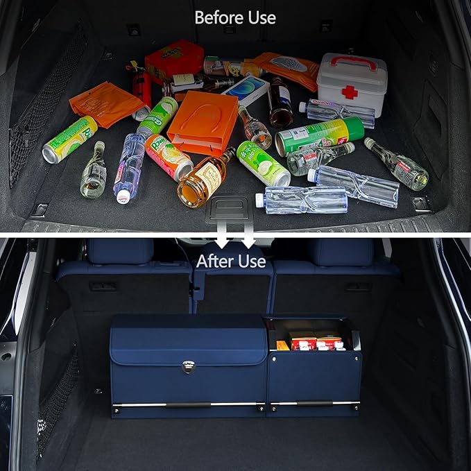 Car Trunk Organizer, Leather Trunk Organizer for SUV with Lid and Sturdy Handle Collapsible Adjustable Storage (Blue, 33 x 11.4 x 12.2in)