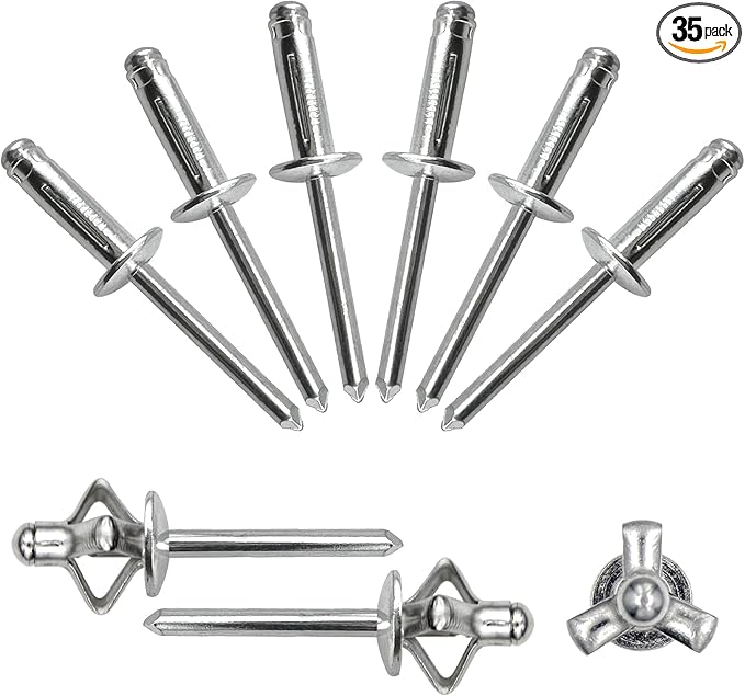 1/4" x 3/4" Tri-Fold Rivets Assortment - 35Pcs,Silver Tri-fold Exploding Pop Rivets Solid Aluminum Tri Grip Rivets Bulb Style Rivets for Kayak Marine Boat