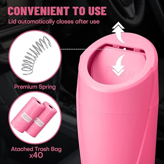 Car Trash Can Bin with Lid-2 Packs Car Garbage Can Cup Holder-Rose Red Mini Leakproof Vehicle Trash Garbage Can Bin with 40pcs Trash Bags-Car Organizers and Storage for Front Back Seat Accessories