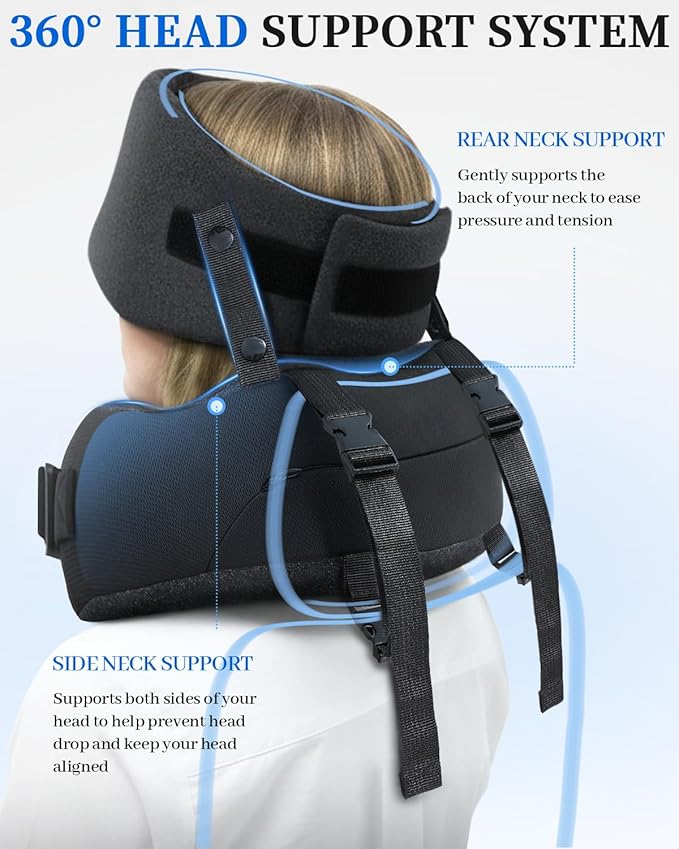 Travel Pillow for Long Flight Airplanes, Head Strap with Soft Eye Mask for Sleep, Memory Foam Travel Neck Pillow for Car Trip Essential, 360° Headrest Support to Stop Bobblehead, EVA Travel Case, Grey