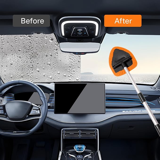 10pcs Windshield Cleaning Tool Inside Car Window Cleaner Wash Kit with 4 Reusable Microfiber Pads 1 Spray Bottle and Extendable Handle Interior Auto Glass Wiper Kit, Orange