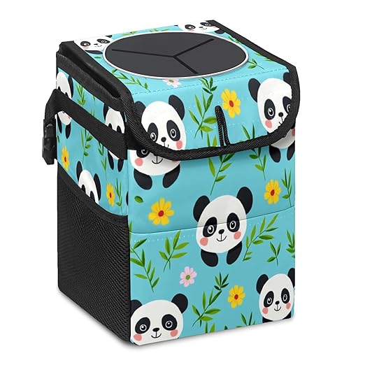 Car Trash Can with Lid, Small Portable Hanging Automotive Garbage Bin for Vehicles, Leakproof Waste Bag Container for SUV Truck Van Interior Auto Travel Road Trips(Panda and Bamboo Leaves)