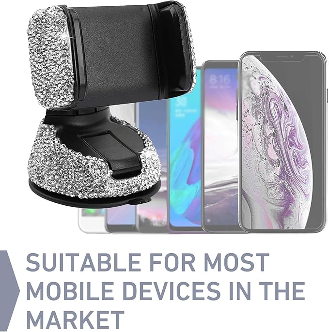 Car Phone Holder, Bling Rhinestone-encrusted Anti-shake Stand with Adjustable Clamp, 360°Rotate Navigation Mount, Universal Interior Accessory for Windshield Dashboard and Air Outlet (White)