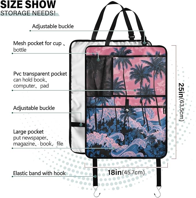 1 Pack Back Seat Car Organizer with Storage Pockets Kick Mats Back Seat Protector Hanging Car Organizer Automotive Seat Back Cover Organizers Palm Tree Wave Pink