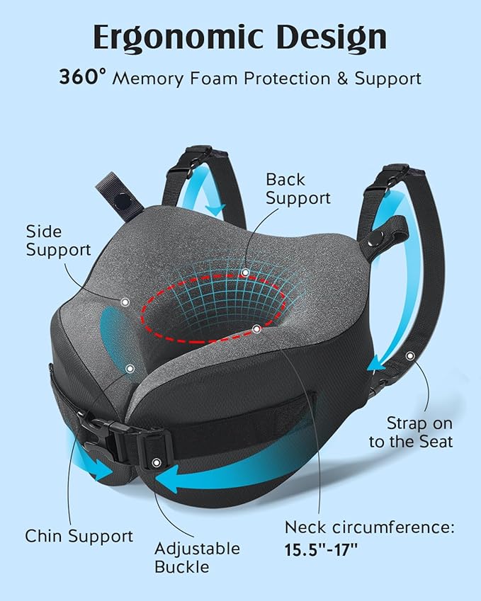 YFONG Travel Pillow for Long Flight Airplanes, Head Strap Combo with 3D Contoured Eye Mask for Sleep, Neck Pillow for Car Trip Essential, 360° Support Memory Foam Headrest, Prevent Head Bobbing, Black