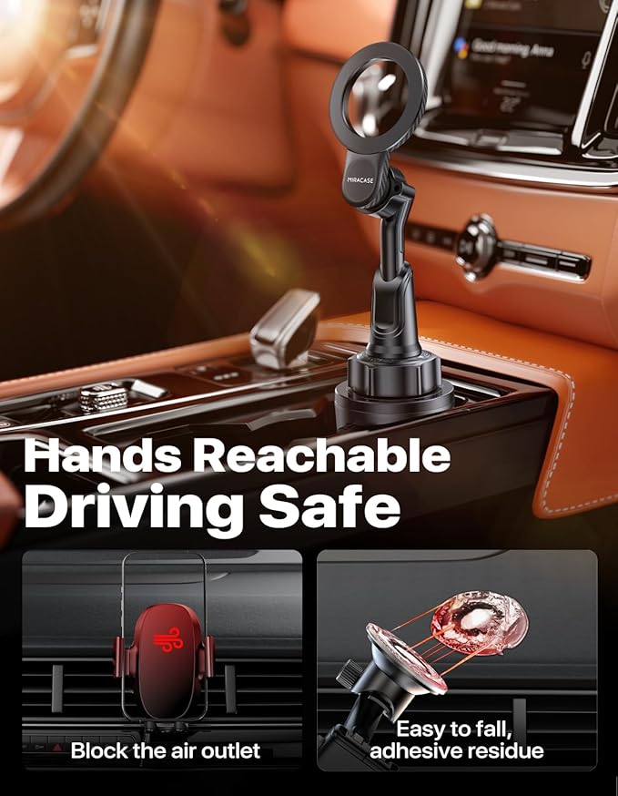 Miracase for MagSafe Car Mount, [Strong Magnetic] 2026 Hands Free Phone Holders for Your Car, Universal Cup Holder Phone Holder for iPhone 17 16 15 14 13 12 Pro Max, Samsung & More Smartphones