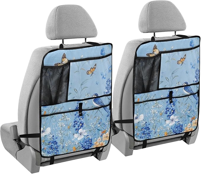 Light Blue Floral Bluebonnet Butterflies 1 Pack Backseat Car Organizer with Storage Pockets Seat Back Organizers for Kids Kick Mats Backseat Protector Automotive