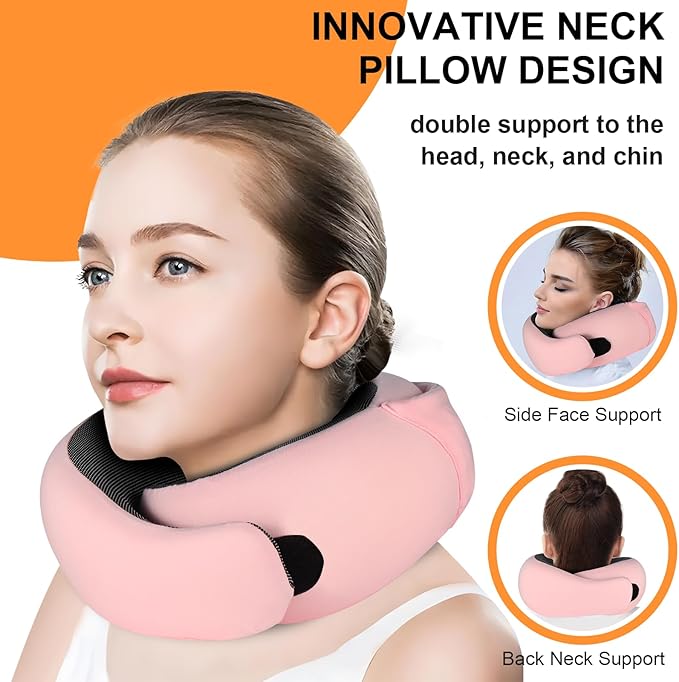 Travel Pillow - Hooded Neck Pillow Airplane Memory Foam Filling for Plane, Office, Cars Sleeping, Road Trip, Long Flights, Portable Plane Accessories, Includes Eye Mask & Earplugs (Pink)