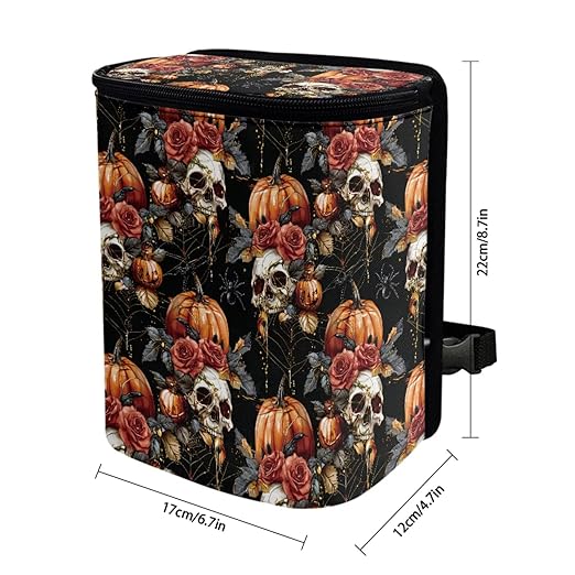 1.2 Gallons Car Trash Can, Halloween Skull Pumpkin Car Garbage Can for Back Seat, Leak-Proof Zipper Seal, Durable Polyester Material Washable, Ideal for Car Interior - Auto Garbage Solution