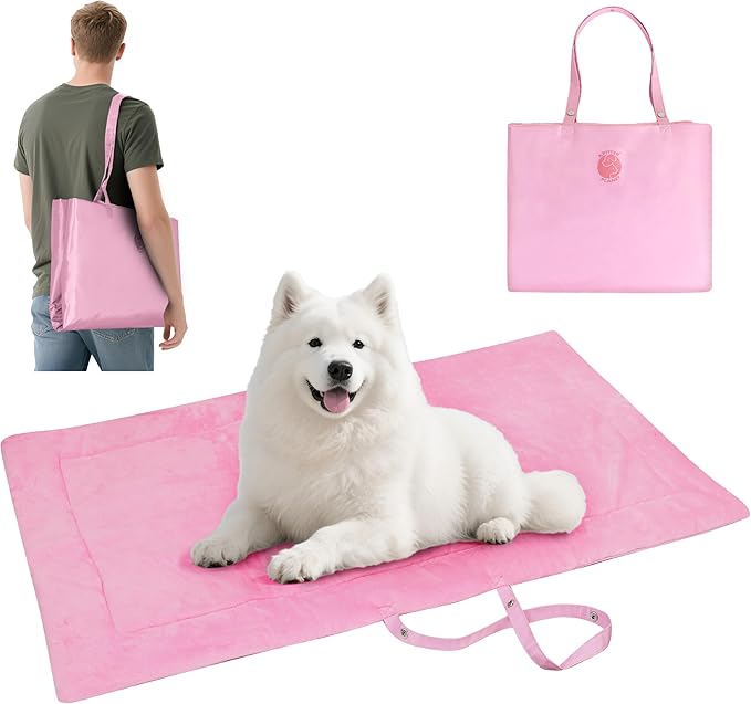 Catalonia Classic Waterproof Dog Mat, Portable Reversible Pet Travel Mat, Pet Cushion Pad with Handle for Small Medium Dogs Cats, Indoor or Outdoor, 50x27.5 inch, Pink