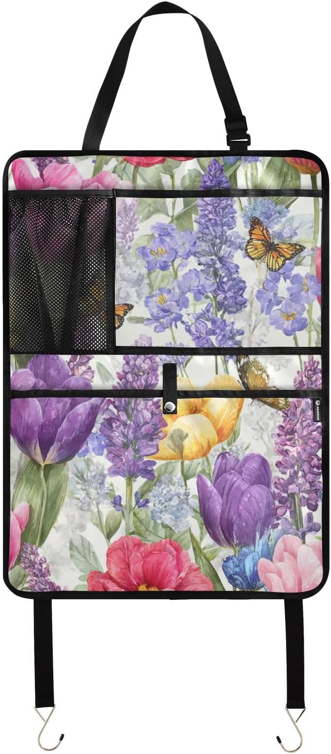 1 Pack Back Seat Car Organizer with Storage Pockets Kick Mats Back Seat Protector Hanging Car Organizer Automotive Seat Back Cover Organizers Tulips Lavenders Purple Butterfly