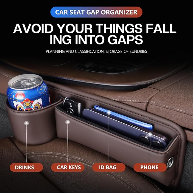 Car Leather Cup Holder Gap Bag, Car Seat Gap Filler Organizer with Water Cup Holder and Phone Charging Hole (White, Passenger Side)