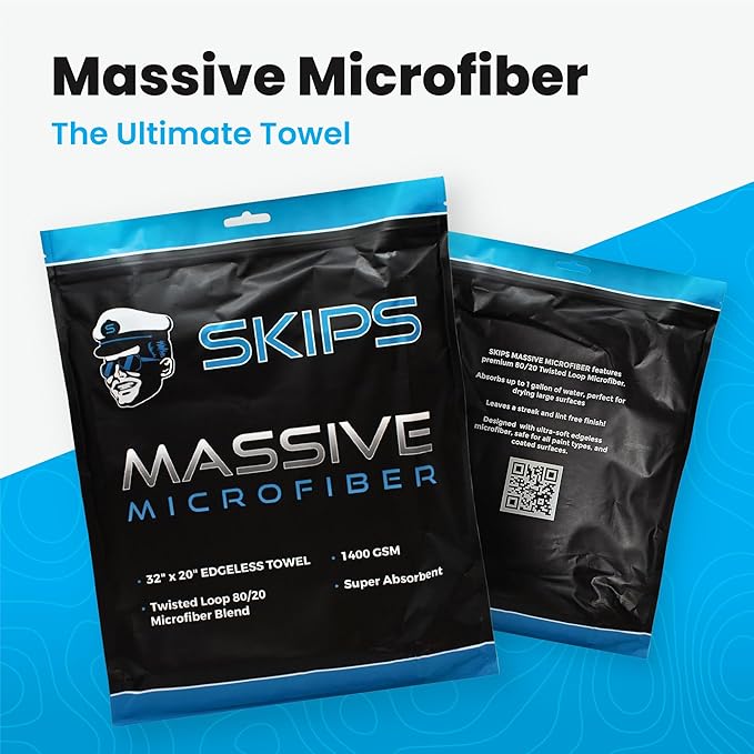 SKIPS Massive Microfiber Towel: Premium, Lint-Free Microfiber Cleaning Towel for Cars, Boats, and Large Surfaces - Absorbs 1 Gallon of Water, Ultra-Soft, Streak-Free, Safe for Paint