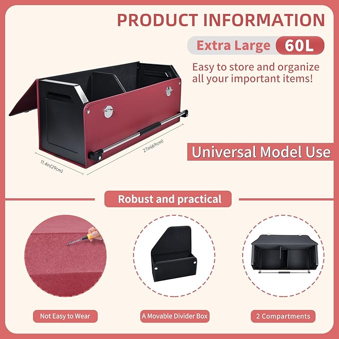 Car Trunk Organizer, Trunk Organizer for SUV with Push-pull Handle and Lid Car Leather Trunk Storage Box (Claret, 27.17 x 11.42 x 12.2in)