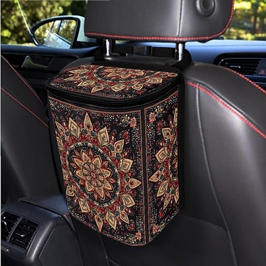1.2 Gallon Mandala Print Car Trash Can with Leak-Proof Lid, Easy Install, Ideal for Family Trips and Camping