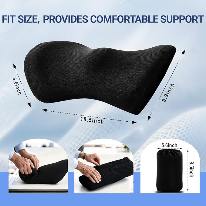 Lumbar Pillow with Adjustable Strap, Memory Foam Lumbar Support Pillow for Office Chair and Car Seat, Back Pillow for Lower Back, Back Support Pillow for Sitting, Driving, Traveling