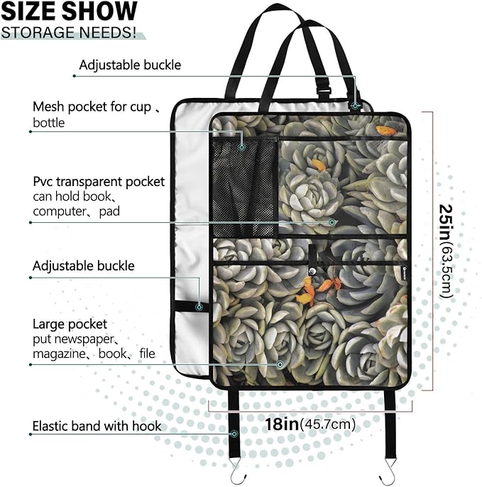 1 Pack Backseat Car Organizer with Storage Pockets Seat Back Organizers for Kids Kick Mats Backseat Protector Automotive Succulents Pattern