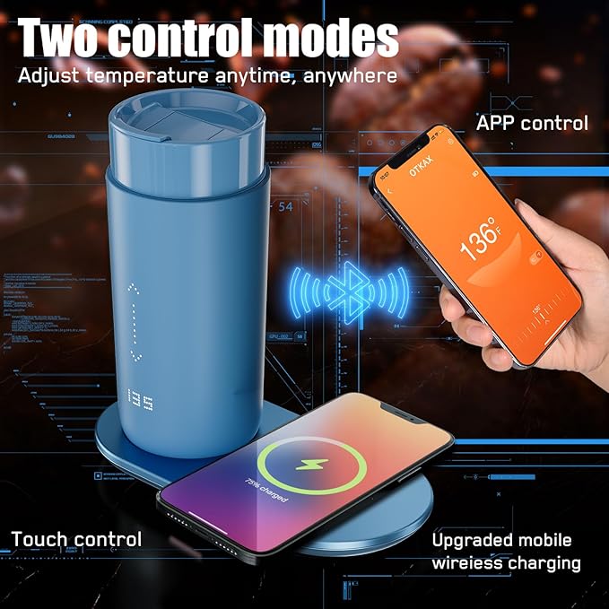 Temperature Control Heated Coffee Mug Smart Self Heating Travel Mug 12 Oz App Controlled Warmer Mug 4-10 Hour LED Display Keep Coffee Hot Fast Wireless Charger Base Lake Blue