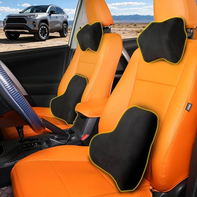 Car Neck & Lumbar Support Pillow Set for Toyota RAV4, Soft Memory Foam Headrest & Back Cushion, Ergonomic Comfortable Seat Support for Daily Driving and Long Trips Car Interior Accessories