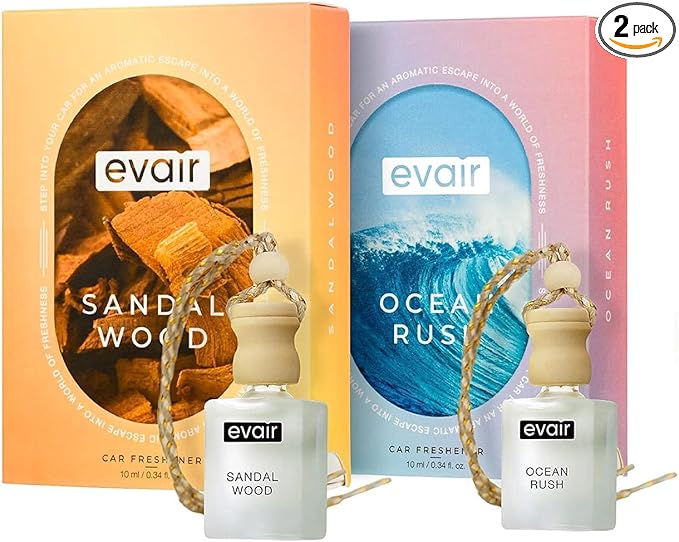 Evair Hanging Car Air Freshener | Car Accessories Interior | Car Perfume Aroma with Essential Oils Fragrance in Glass Bottle with Wooden Diffuser Lid | 10 ml- Pack of 2 (Sandalwood & Ocean Rush)