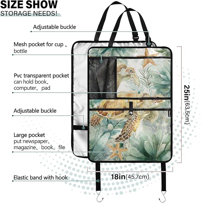 1 Pack Back Seat Car Organizer with Storage Pockets Kick Mats Back Seat Protector Hanging Car Organizer Automotive Seat Back Cover Organizers Sea Turtle Starfish Plants