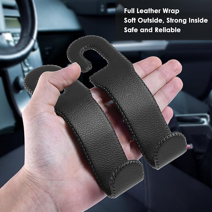 Leather Car Seat Hooks - U-Shaped Purse Holder for Car, Fully Leather-Wrapped Headrest Hooks for Purses, Bags & Coats, Durable Seat Back Organizer for Travel & Daily Use (Black, 2 Pack)
