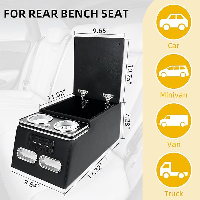 Universal Truck Seat Organizer with Padded Armrest Lid | Features 3 USB Ports, 2 Drawers & Cup Holders | Extra Storage for Car, SUV & Van