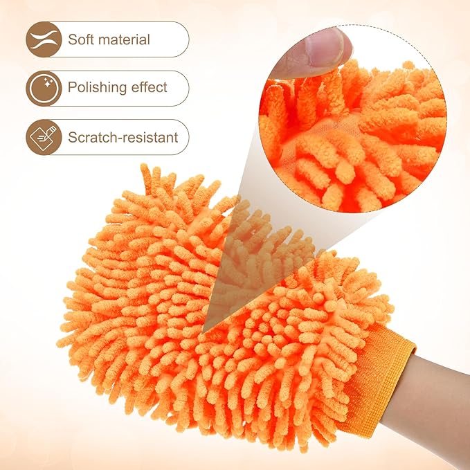 HARFINGTON 2pcs Chenille Microfiber Car Wash Mitts 9.8" x 7.9" Scratch Free Wash Gloves Absorbent Double Sided Plush Cleaning Drying Mitts for Car Washing Home Orange Yellow
