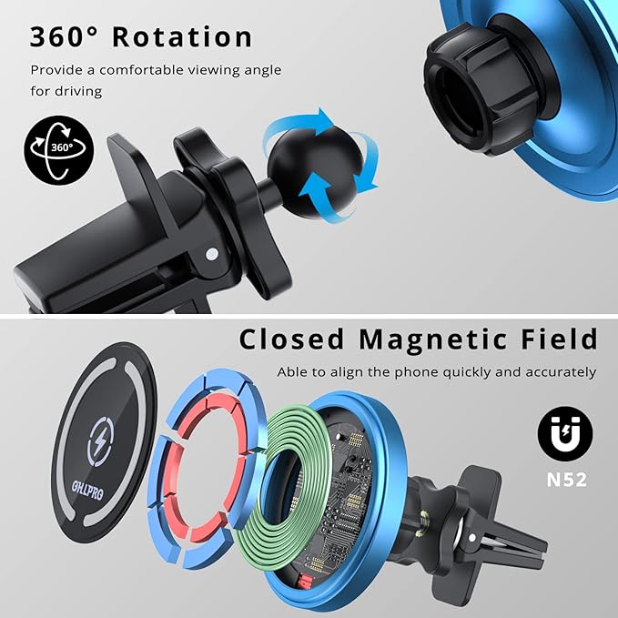 OHLPRO for iPhone 17 Pro Max Magsafe Car Mount Charger, 15W Fast Charging Dashboard Magnetic Car Phone Holder with Vent Clip and 3M Adhesive Base for iPhone 16 15 14 13 12 Series, Blue