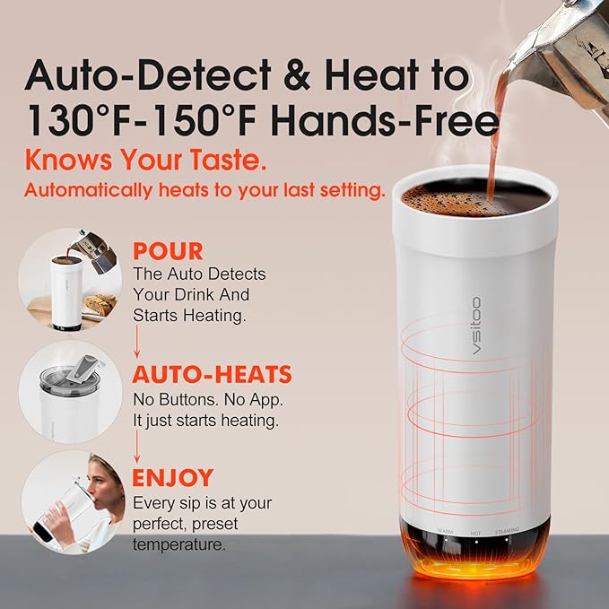 VSITOO S5 heated travel mug,16oz, Auto-Sensing AI Heats Drinks To 120-150°F Hands-Free. Temperature Control for All Cars, Perfect for Home/Office/Travel/Outdoor, Ideal Gift for Coffee Lovers - White