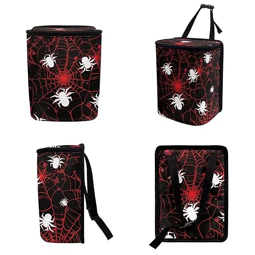 1.2 Gallons Mini Trash Can for Car, Halloween Spider Web Auto Trash Bag for Car, Adjustable Hanging for Tail of Console/Back of Seats, Odor-Free with Zipper Leak-Proof Lid Design Washable