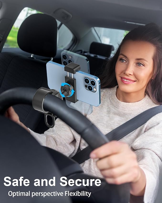 woleyi Car Steering Wheel Phone Holder - [Thick Cases Friendly] 360° Rotatable Phone Holders for Your Car Mount Automobile Hands Free Cradle for iPhone Air 17 16 15 14 13 Pro Max, Galaxy, 4-7" Phones