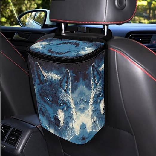 1.2 Gallons Car Organizers and Storage, Wolf Head Print Car Garbage Bin, Adjustable Hanging for Tail of Console/Back of Seats, Easy to Install, Odor-Free with Zipper Leak-Proof Design