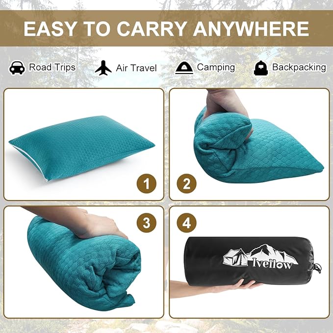 Ivellow Memory Foam Travel Pillow Compressible Camping Pillow for Sleeping Shredded Memory Foam Pillow Compact Firm Supportive Small Pillow for Adults Kids Outdoor Backpacking Hiking Essential Gear-S