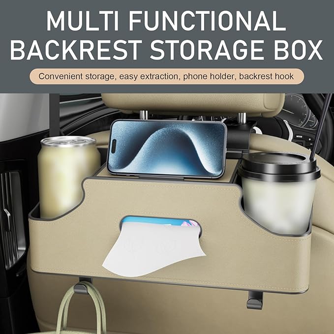 1 PC Car Seat Back Organizer, Car Back Seat Multi-Function Storage Box with 2 Drink Cup Holders, 11.42" x 3.35" Leather Tissue Organizer, Universal for Most Cars, Trucks, SUVs (Beige)