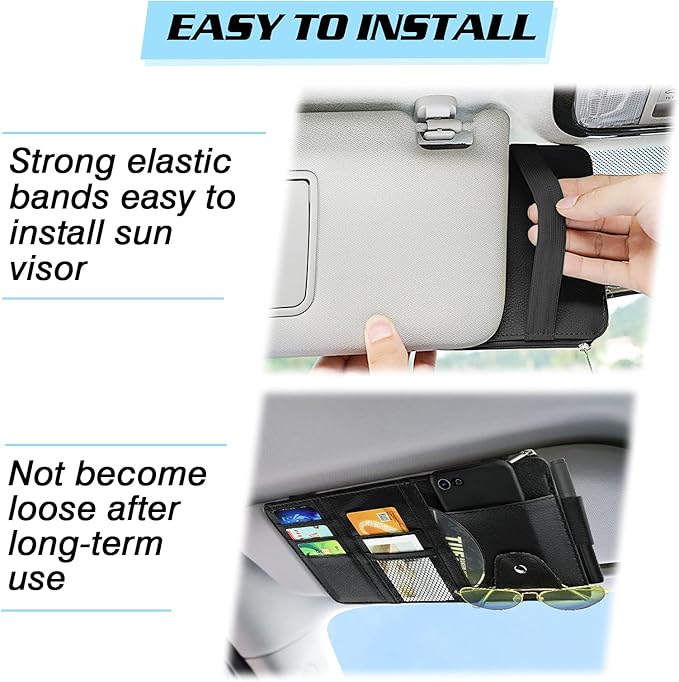 Car Sun Visor Organizer, Leather Pocket Organizer Sunglass Holder for Car Interior Accessories with Multi-Pocket Net Zipper (2 Pack Black)