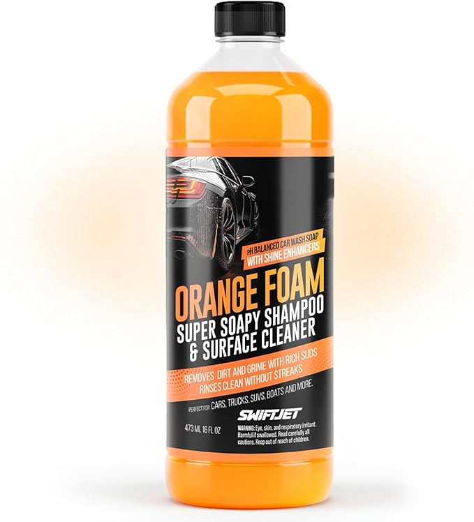 SwiftJet Orange Foam Car Wash Soap – pH Balanced Super Soapy Shampoo & Surface Cleaner – Thick Foaming Suds for Cars, Trucks, SUVs & Boats – Streak-Free Shine, Safe on Wax & Sealant (16 FL OZ)