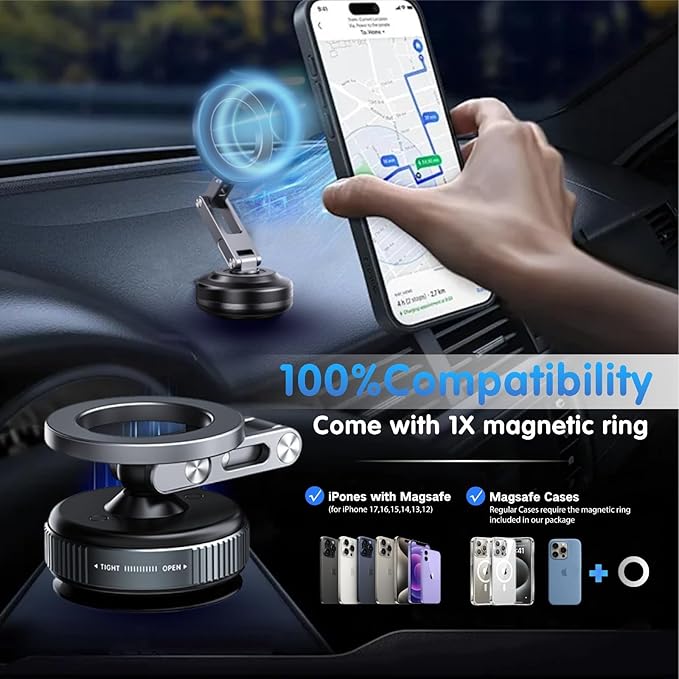 for MagSafe Car Mount – Vacuum Lock Magnetic Phone Holder with Strong Suction Cup, Adjustable Extendable Phone Stand, 360° Rotatable Dashboard & Windshield Mount for iPhone 16 15 14 13 12 Pro Max
