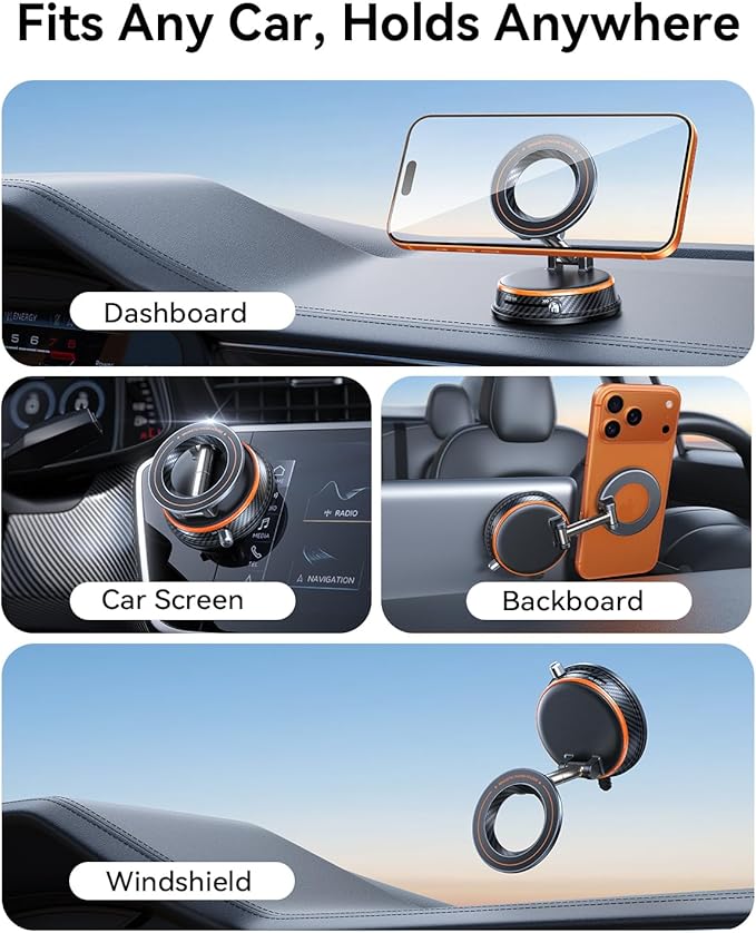 Car Phone Holder for Magsafe Car Mount [108+LBS Strongest Suction & 3000gf Magnetic] Vacuum Magnetic Phone Holders for Your Car 360° Adjustable Carbon Fiber Car Phone Mount for iPhone & Android Orange