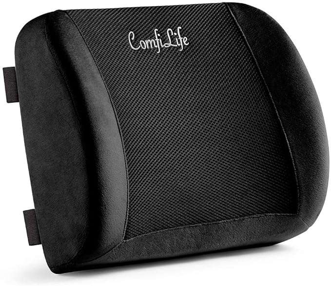 ComfiLife Lumbar Support Back Pillow Office Chair and Car Seat Cushion - Memory Foam with Adjustable Strap and Breathable 3D Mesh (Black)
