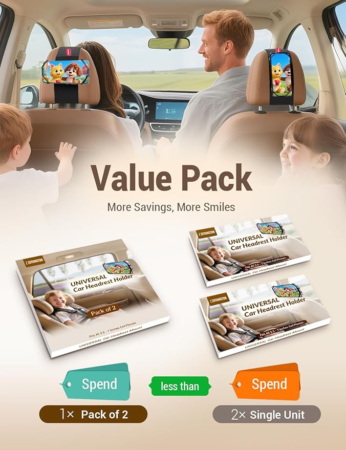 Silicone Car Phone Holder, Adjustable Phone Headrest Mount Compatible with iPhone 17 16 15 14 Pro Max, Samsung Galaxy S25, S25 Ultra and other 3.5 - 7 Inch Cell Phones for Kids in Back Seats - 2 Pack