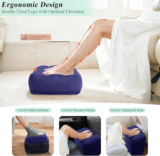 Inflatable Foot Rest Pillow for Airplane - Kids Car Bed with 3 Layers Height Adjustable,Portable Leg Rest for Under Desk,Travel Essentials Great for Office,Home,On Road,Leak-Proof