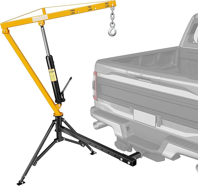 1000lbs Receiver Hitch Mounted Hydraulic 360° Swivel Truck Crane with 3 Boom Capacity Options: 500lbs, 750lbs, 1000lbs. Ideal for Workshops, Construction, Agriculture, and Logging,Yellow