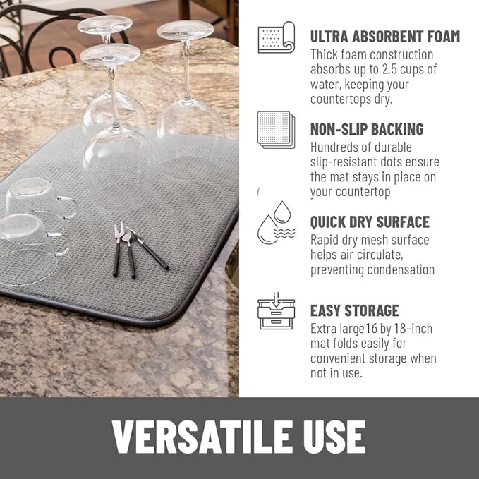 Bellemain XXL Dish Mat Microfiber Dish Drying Mat, Super absorbent (Grey, 16" x 18")