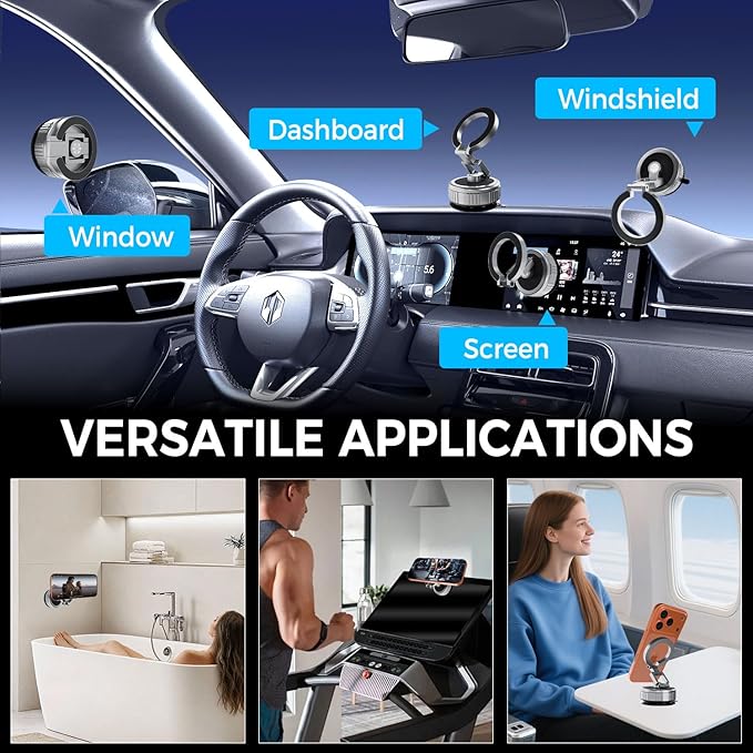 Reinforced Vacuum Magnetic Strong Suction Car Phone Holder,360 Adjustable Car Truck Mount for Magsafe iPhone 17 Pro Max 16 15 14 13 12 Air Plus,Magnet Cell Phone Ring Stand Tripod Automobile Cradles
