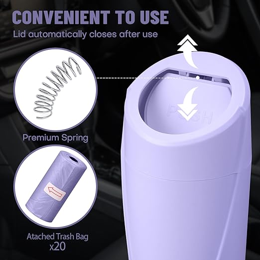 Car Trash Can Bin with Lid - Car Garbage Can Cup Holder - Light Purple Mini Leakproof Vehicle Garbage Bin with 20pcs Trash Bags-Automotive Organizers and Storage for Front Back Seat Accessories