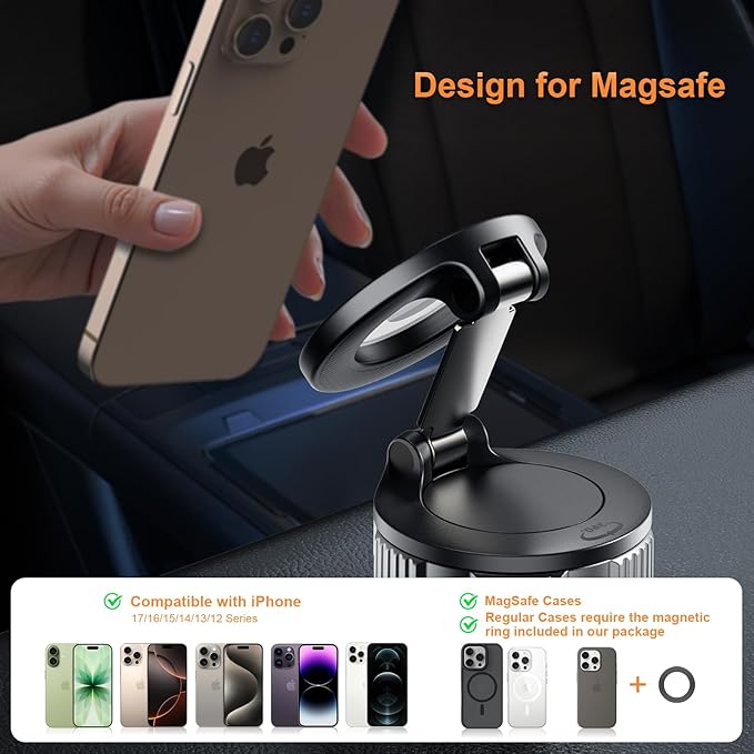Magnetic Phone Holder for Car, 360° Adjustable Vacuum Car Phone Holder for Magsafe, 80+LBS Suction Phone Mount for Car Dash/Windshield/Screen, Phone Holders for Your Car for iPhone 17 16 15 14 13 12